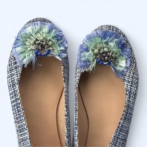 J Crew Collection Flats Tweed Leather Raffia Ballet Sz 8 Blue Preppy Embellished